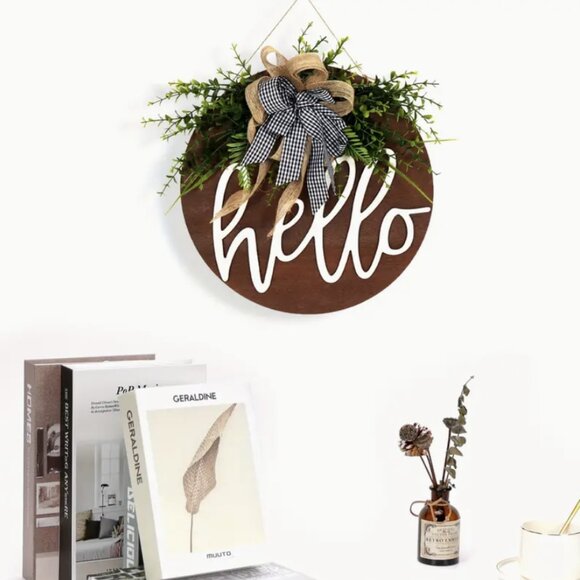 Hello Rustic Farmhouse Welcome Sign Buffalo Check Bow Wood Handmade Wreath Gift - Picture 5 of 7